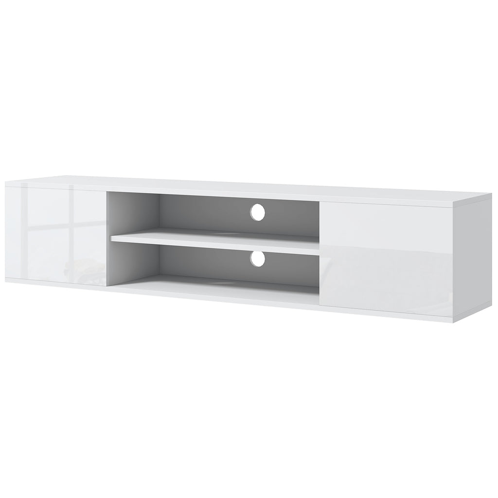 Meuble banc TV mural suspendu style contemporain 2 placards 2 niches centrales et 2 passe-câbles 140 x 30 x 30 cm blanc-0