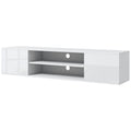 Meuble banc TV mural suspendu style contemporain 2 placards 2 niches centrales et 2 passe-câbles 140 x 30 x 30 cm blanc-0
