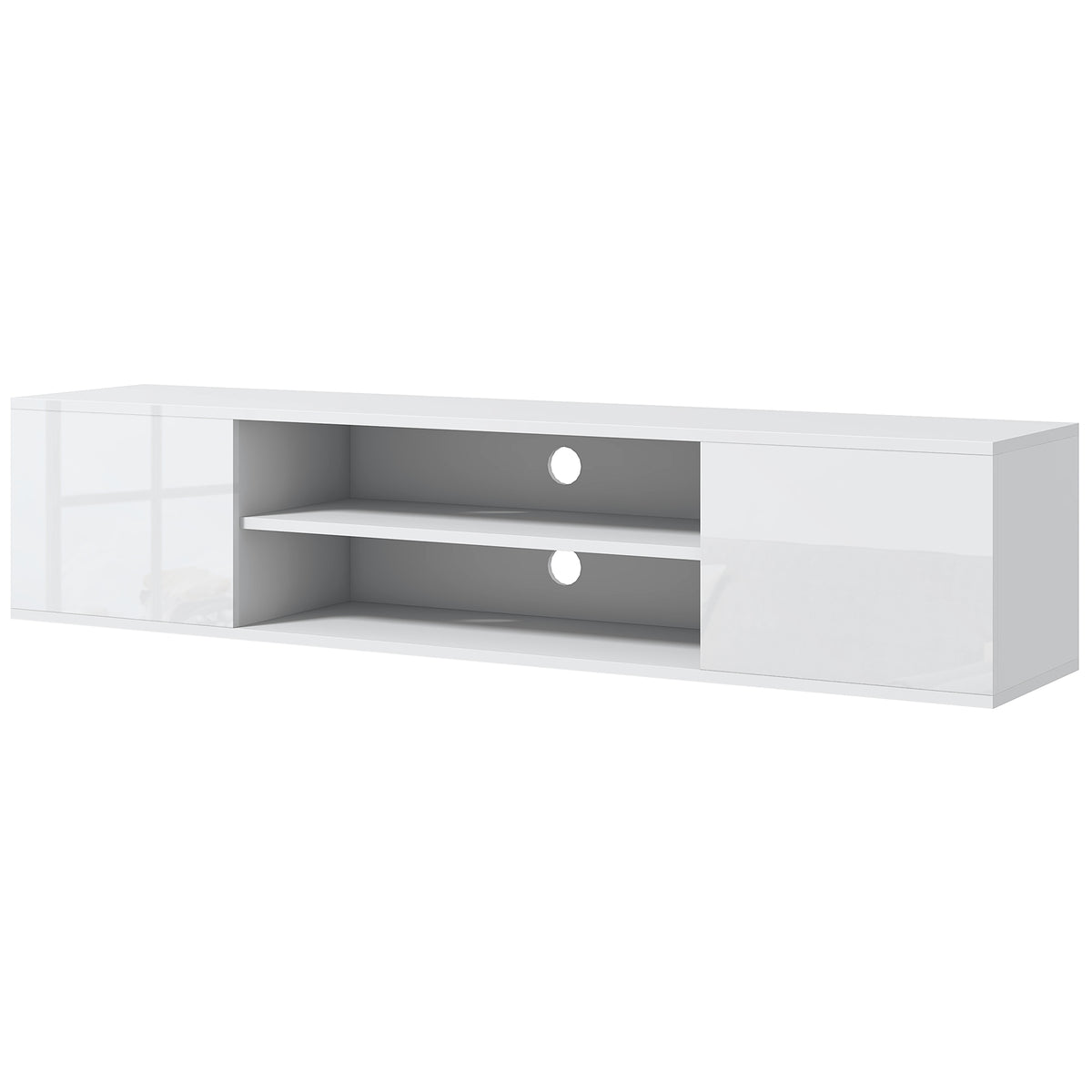 Meuble banc TV mural suspendu style contemporain 2 placards 2 niches centrales et 2 passe-câbles 140 x 30 x 30 cm blanc-0