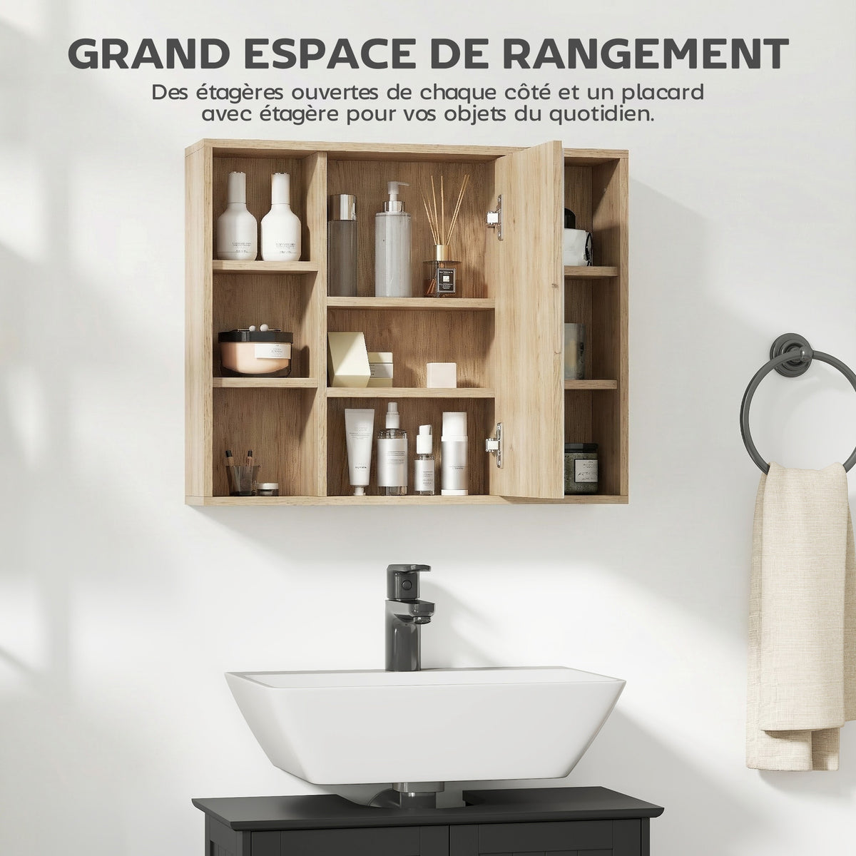 Meuble salle de bain avec miroir, placard à portes et 6 compartiments ouverts, 60 x 14,5 x 49,4 cm, bois naturel-3