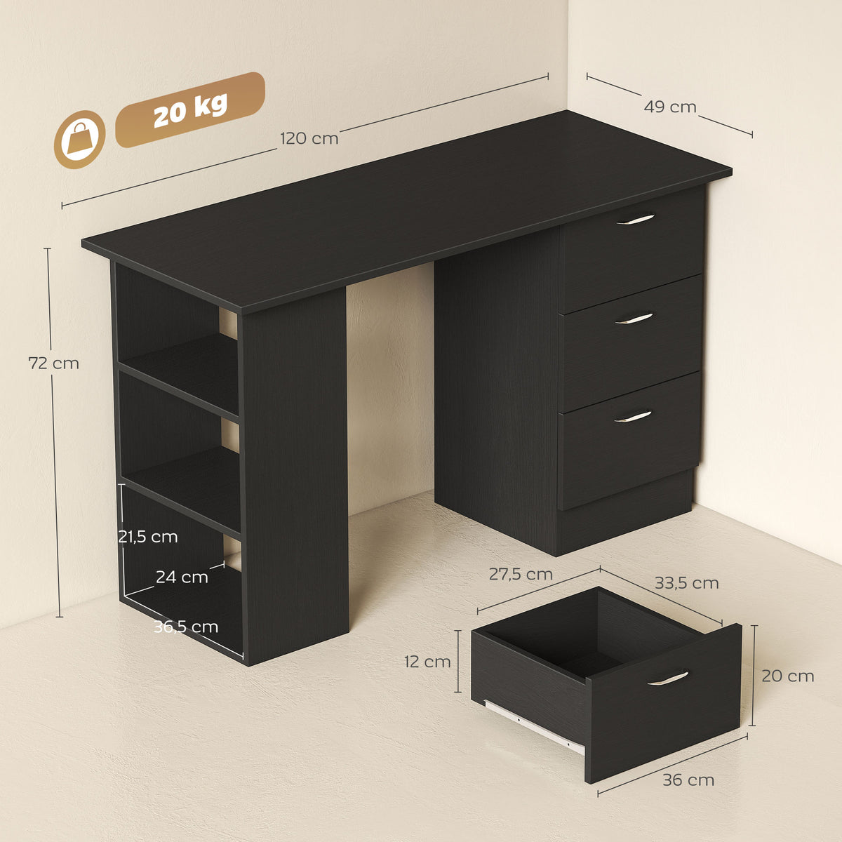 Bureau d'ordinateur avec 3 tiroirs et 3 étagères ouvertes, 120x49x72cm, bureau avec rangement réversible, style moderne, table informatique pour chambre, petit espace, télétravail, noir-2