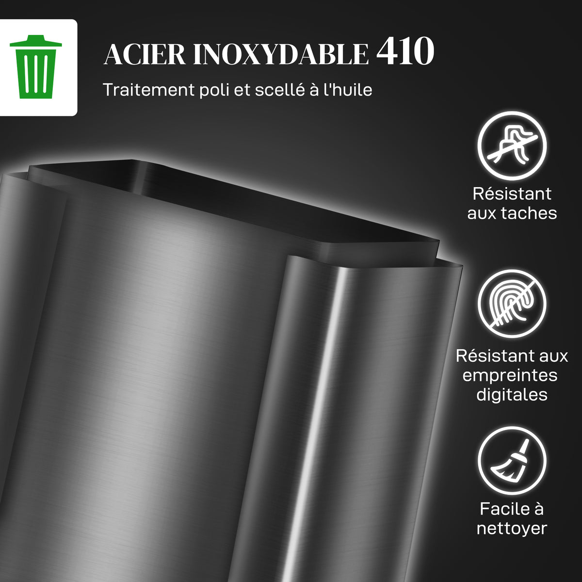 Poubelle de cuisine 2 compartiments de 2 x 30L, acier inoxydable, couvercle à fermeture douce, 47,7x37,5x66,8cm, noir-4