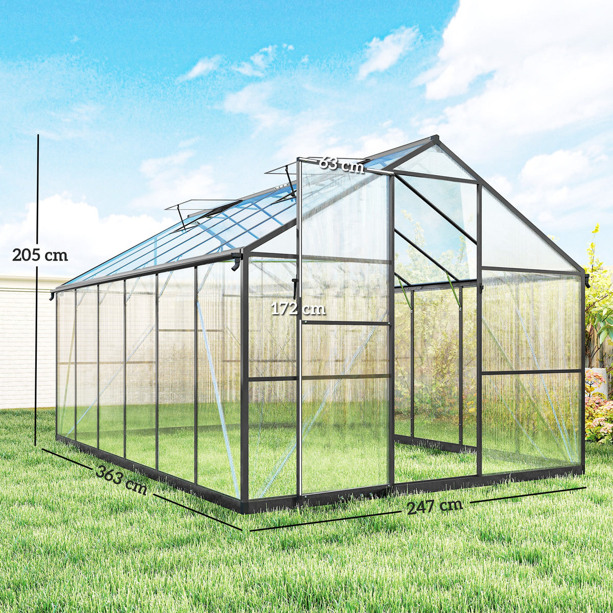 Serre de jardin en aluminium polycarbonate, serre avec fenêtres supérieures réglables 363x247x205cm noir-2