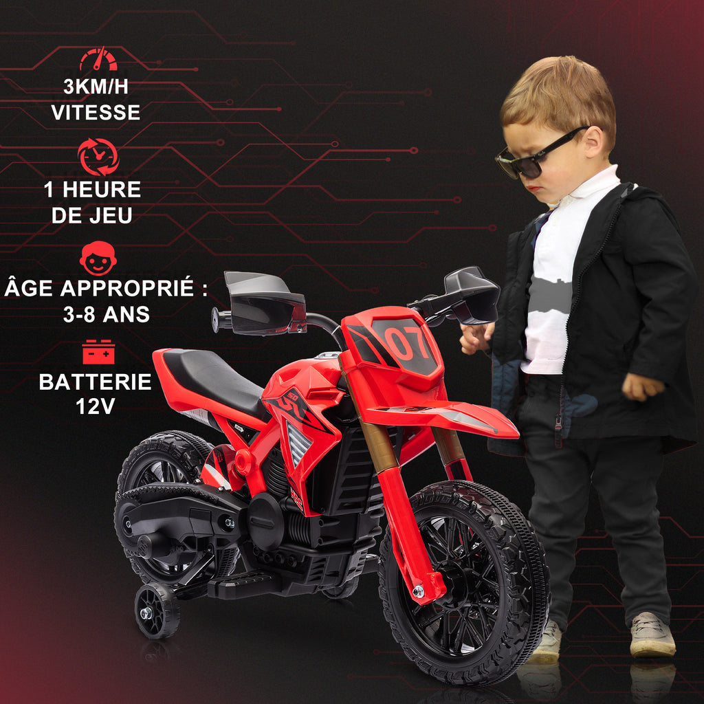 Moto cross électrique pour enfants 3-8 ans, batterie 6 V, 2 moteurs, klaxon et roues d'entraînement, charge 30KG, rouge-3