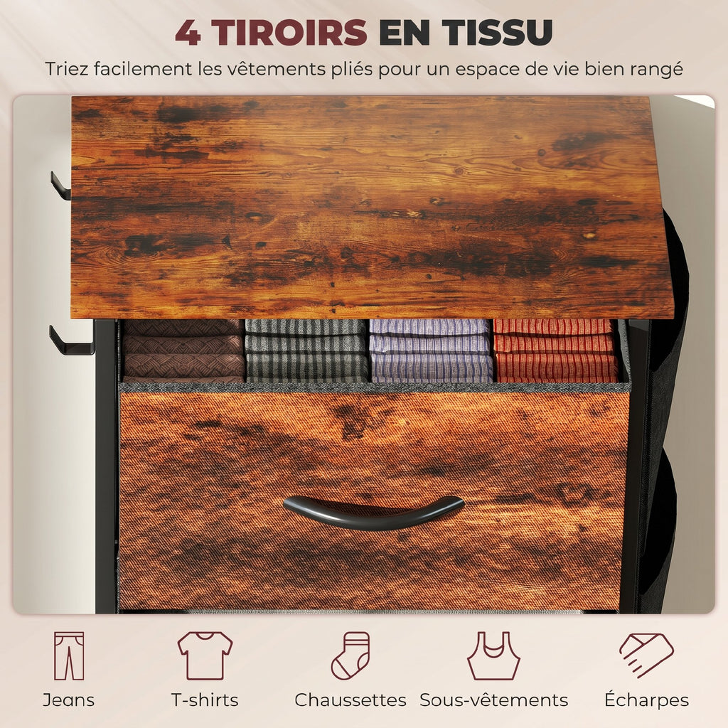 Commode 4 tiroirs en tissu, meuble de rangement avec 4 poches, 2 crochets, structure en acier, 45 x 30 x 94,5 cm, marron-3