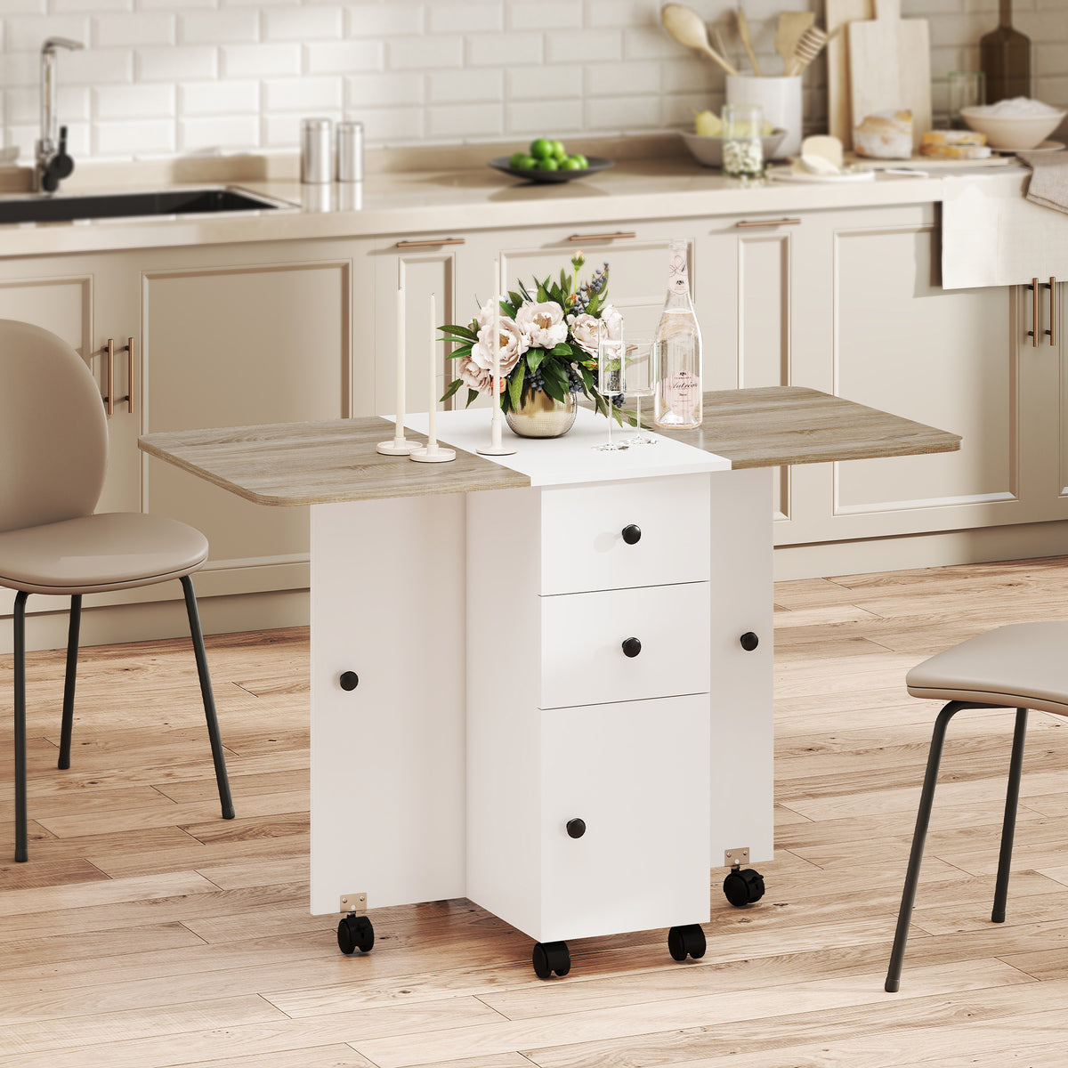 Table de cuisine pliable table à manger pliante 2 plateaux rabattables avec 2 tiroirs 1 placard blanc et chêne-9