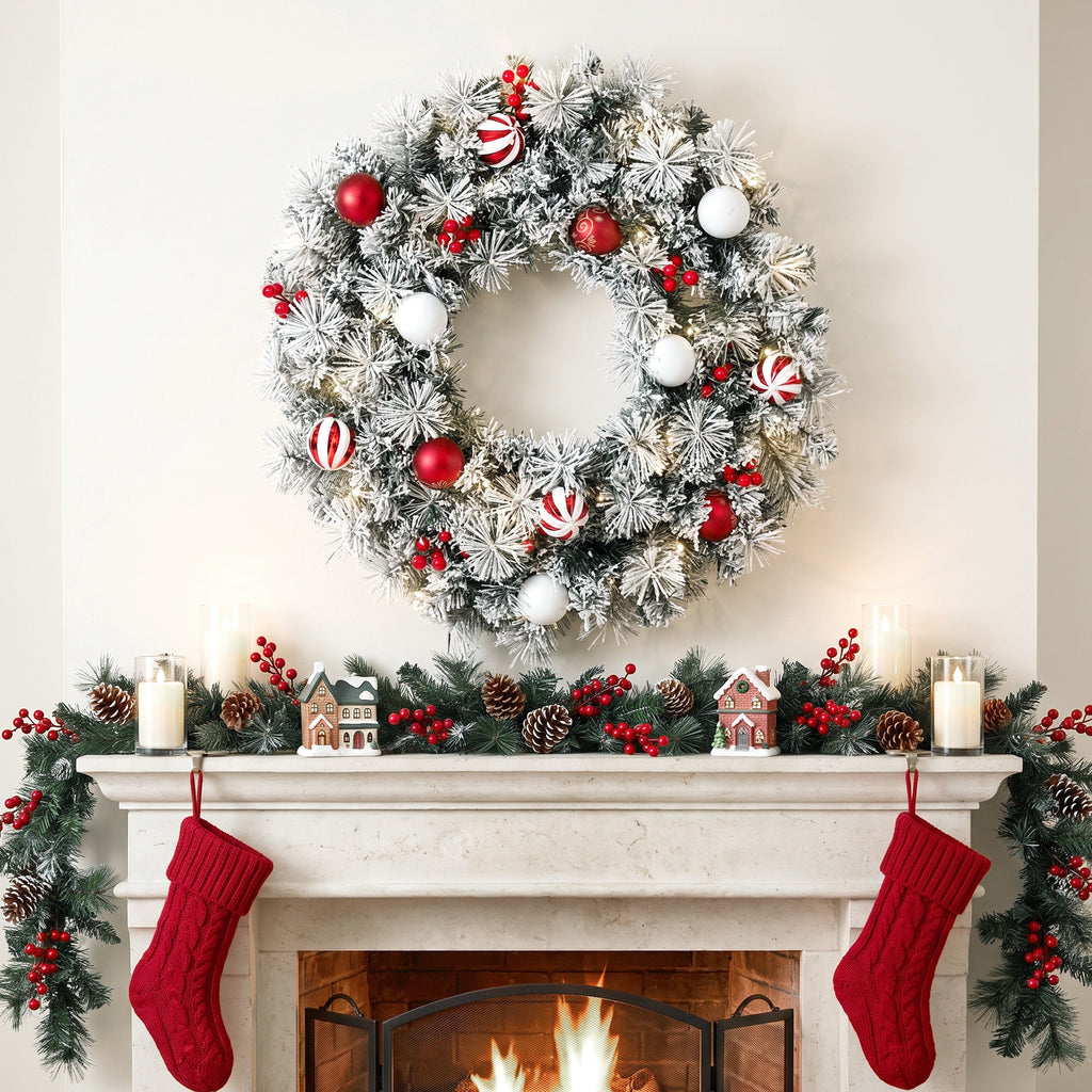 Couronne de Noël Lumineuse 60 cm Enneigée Floquée avec 50 LED, 15 Boules Décoratives, 140 Branches, 8 Modes, Vert-1