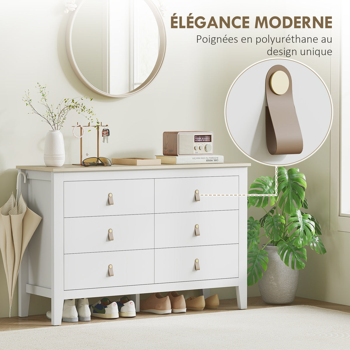 Commode 6 tiroirs meuble de rangement style contemporain avec poignées en polyuréthane, 120 x 40 x 78 cm, blanc-4