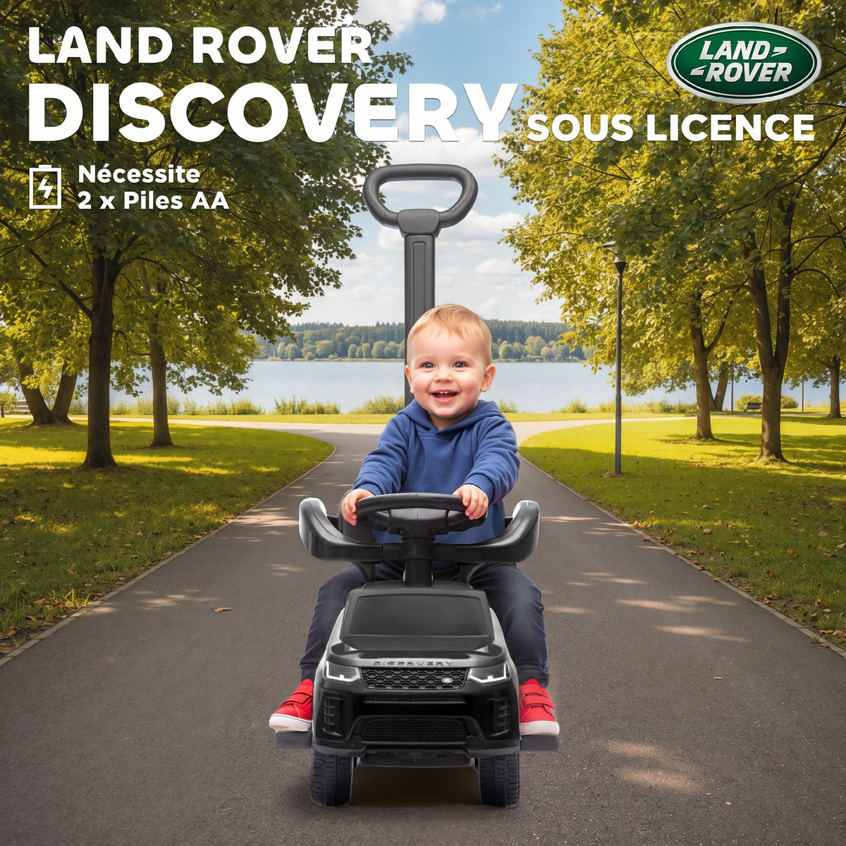 Porteur enfants Land Rover Discovery sous licence, porteur voiture à pousser avec poignée amovible, 84x40x94,5cm, noir-4