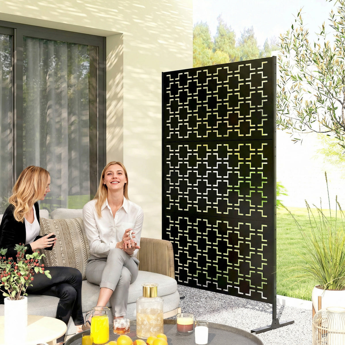 Panneau brise vue décoratif paravent extérieur à motif géométrique ajouré en métal - 122 x 45 x 198 cm, noir-1