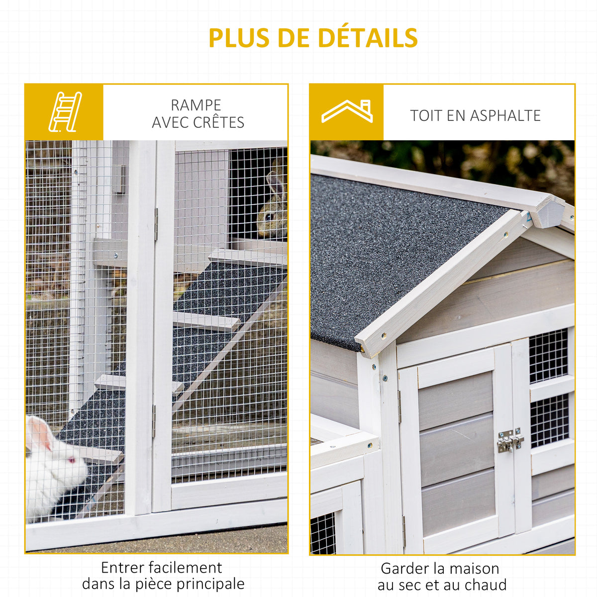 Clapier cage à lapins cottage - niche supérieure avec rampe et enclos extérieur - plateau coulissant, toit-3