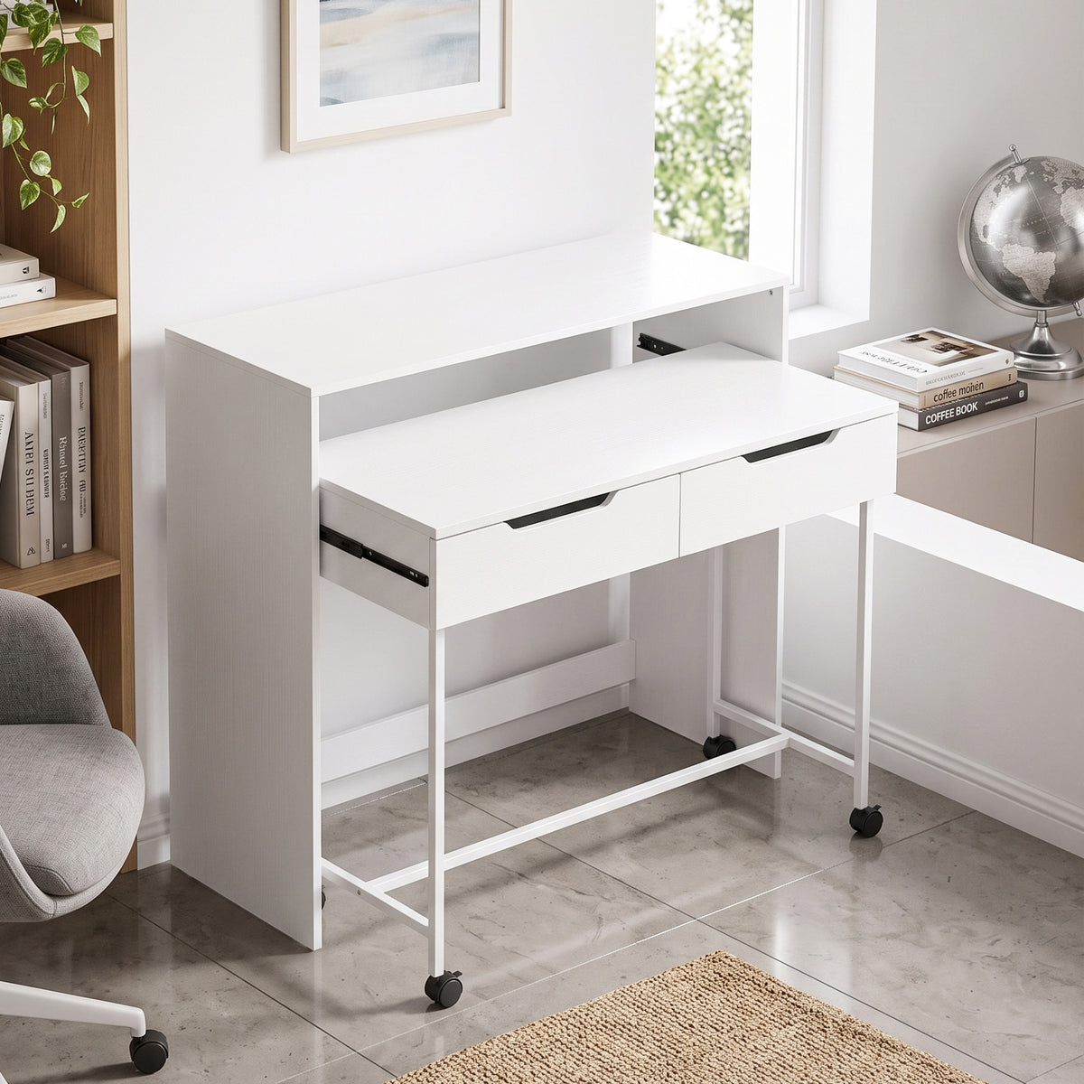 Bureau d'Ordinateur Extensible 100 cm avec 2 Tiroirs, Bureau avec Rangement, Style Moderne, Blanc-1