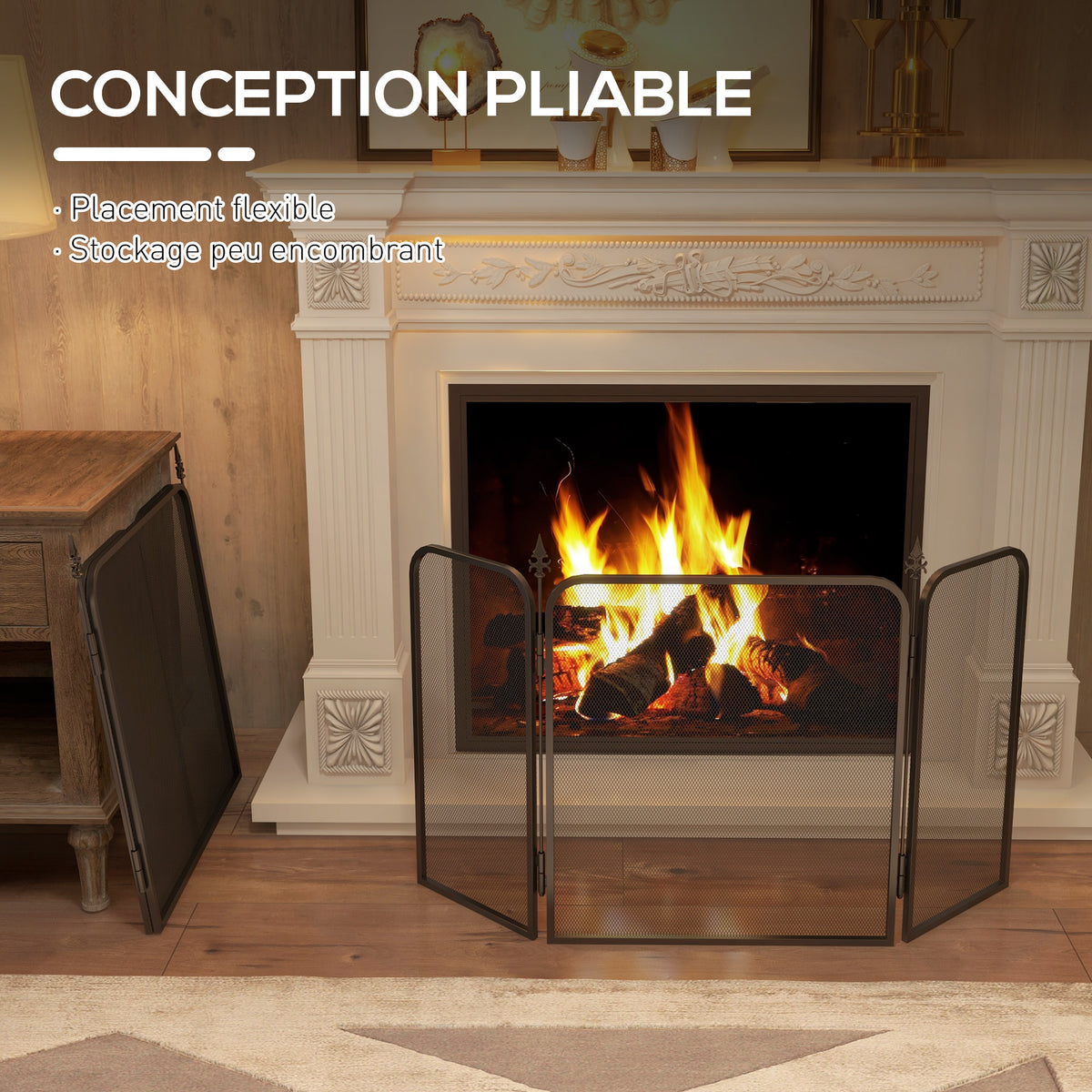 Pare feu cheminée pliable 3 panneaux, pare-étincelles cheminée, grille de protection cheminée en maille de métal noir-4