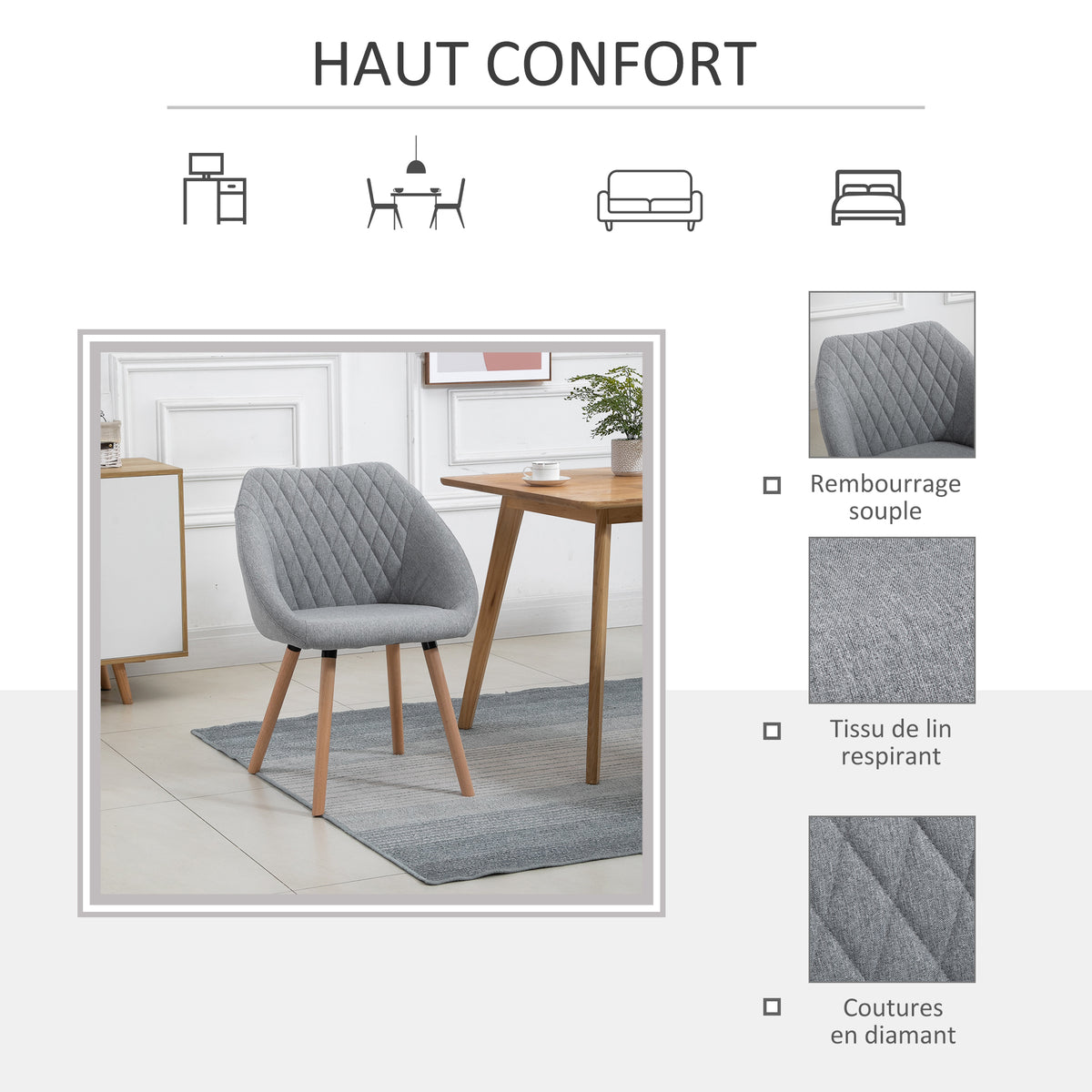 Lot de 2 Chaises de Salle à Manger Design scandinave - Pieds effilés Bois hêtre - Assise Dossier accoudoirs-4