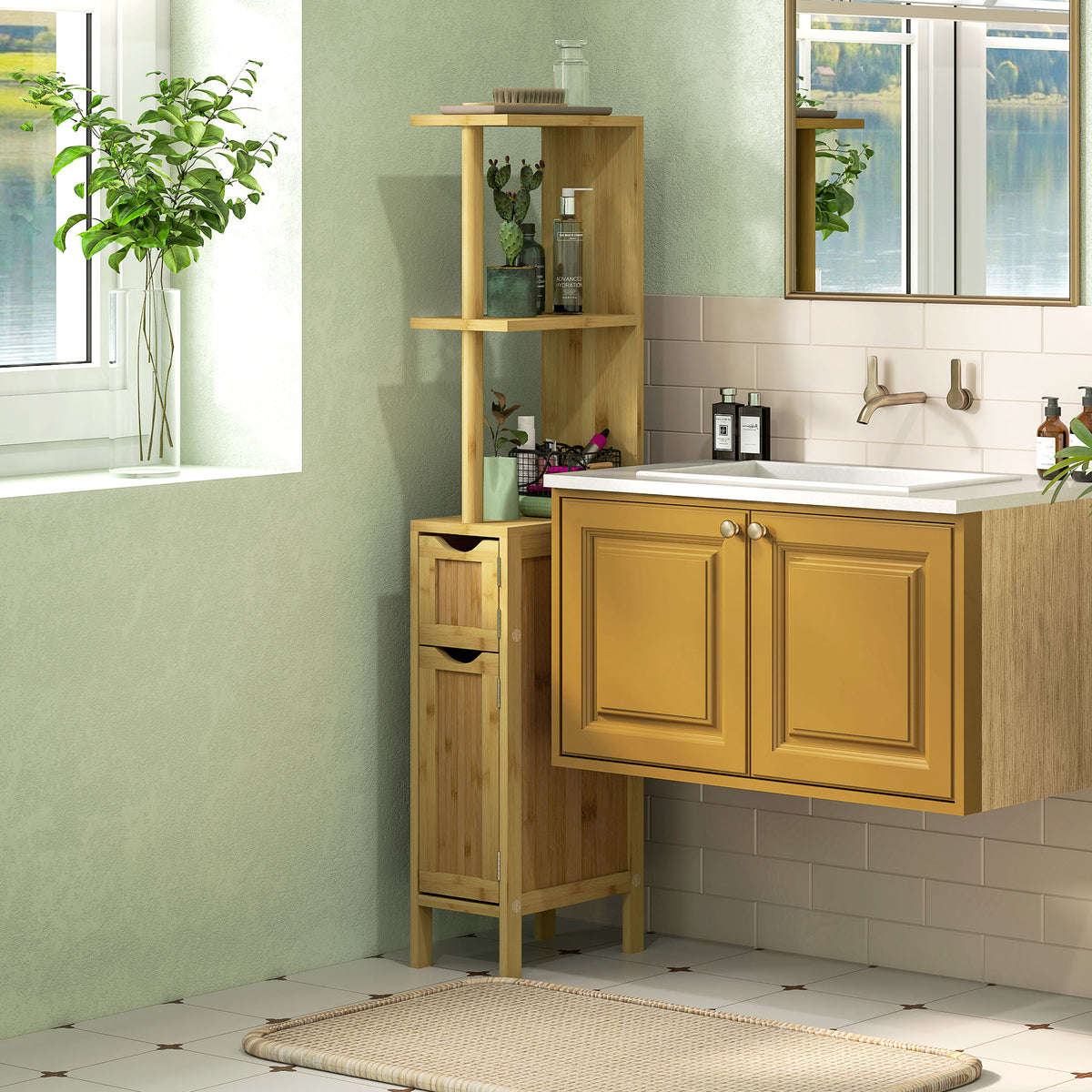 Colonne de salle de bain meuble de salle de bain avec 2 étagères 2 placards en bambou 18l x 30P x 120H cm bois naturel-1