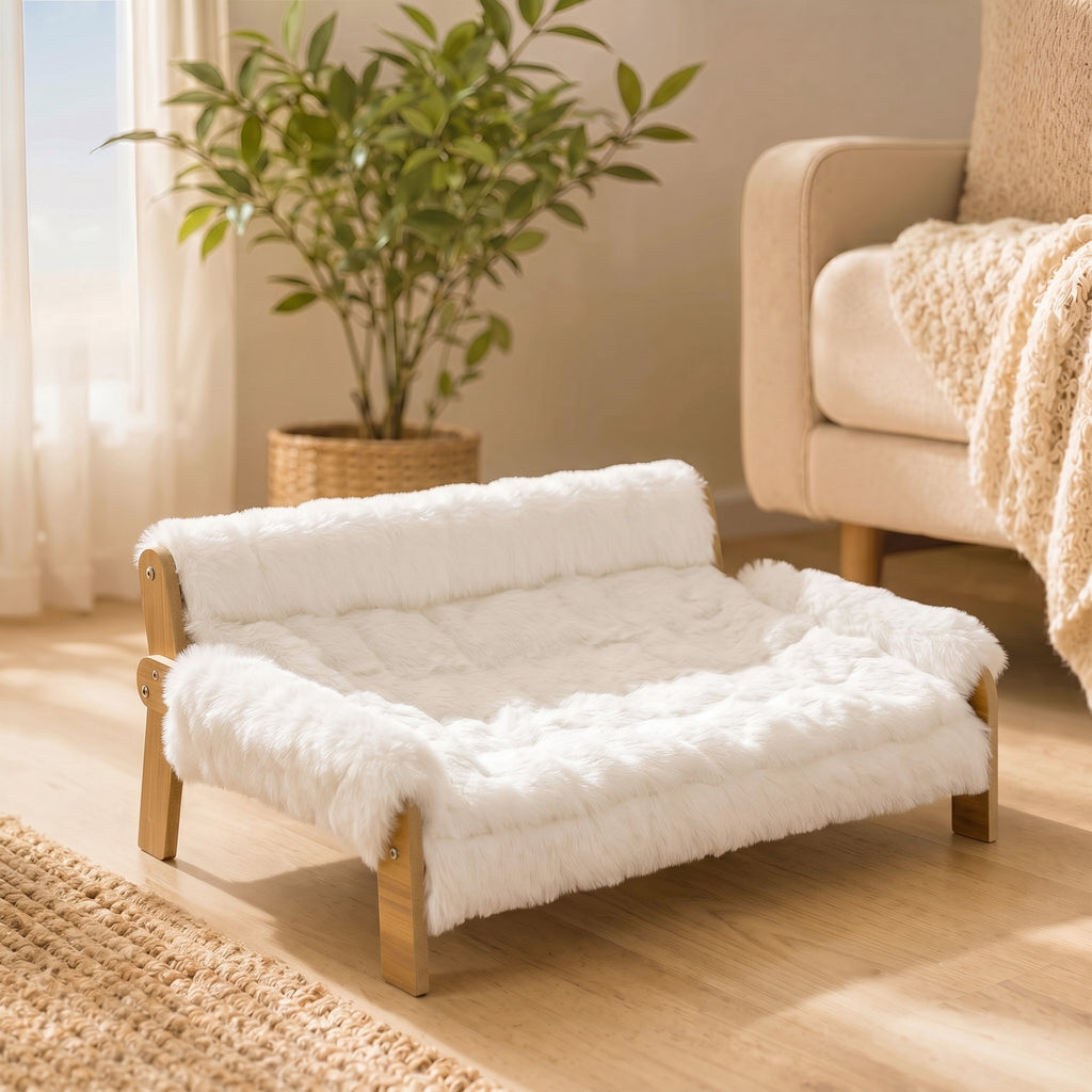 Canapé pour Chien Chat Lit Surélevé en Bois, Coussin Amovible en Peluche, Pieds Antidérapants, 70 x 47 x 30 cm, Blanc-1