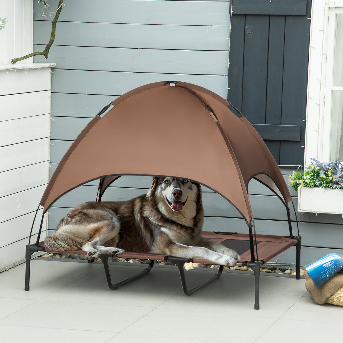 Lit pour chien chat sur pieds anti-UV tissu oxford micro-perforé + parasol + sac de transport inclus marron noir-1