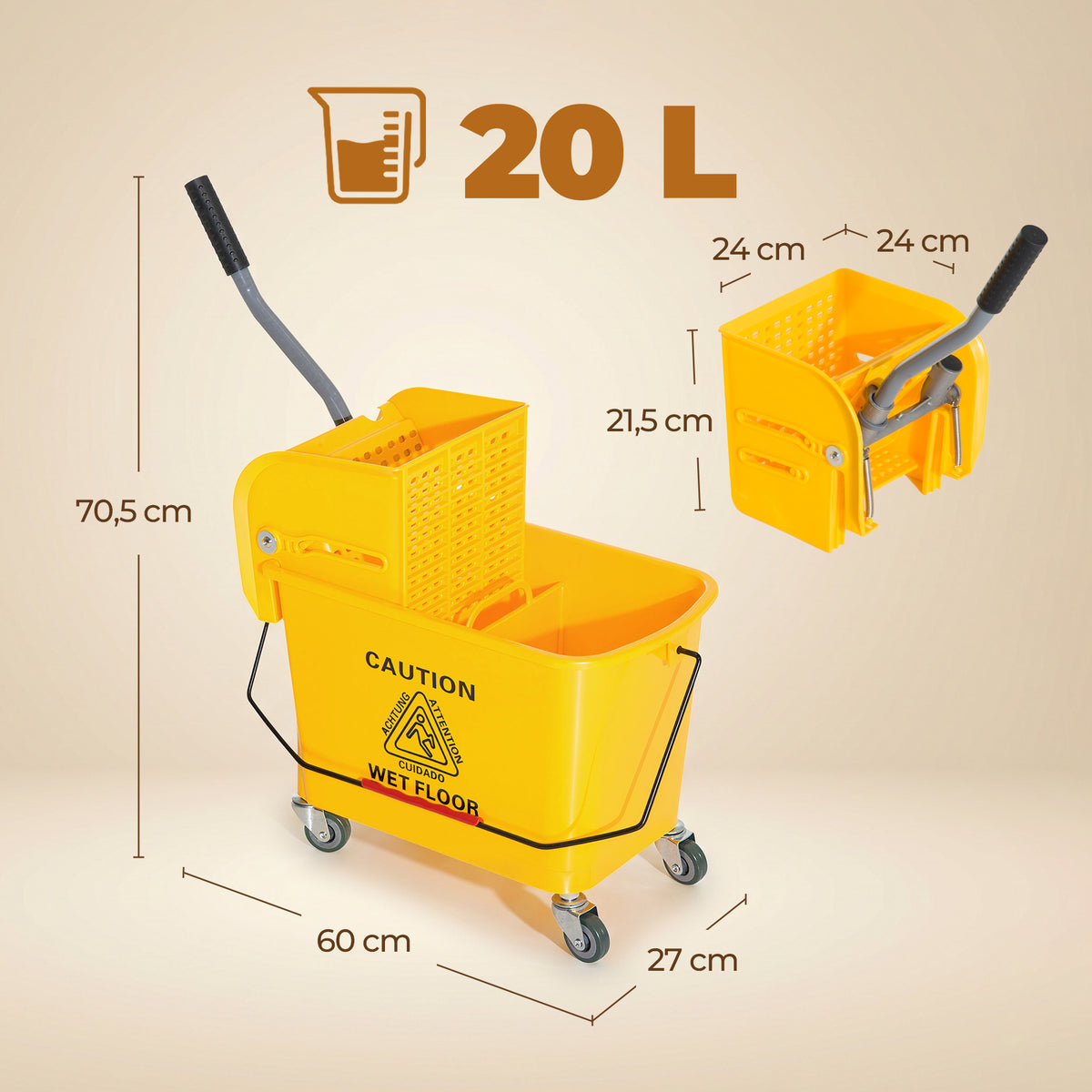 Chariot de nettoyage lavage seau de ménage 20 L avec essoreur et séparateur eau sale propre jaune 60L x 27l x 70,5H cm-2