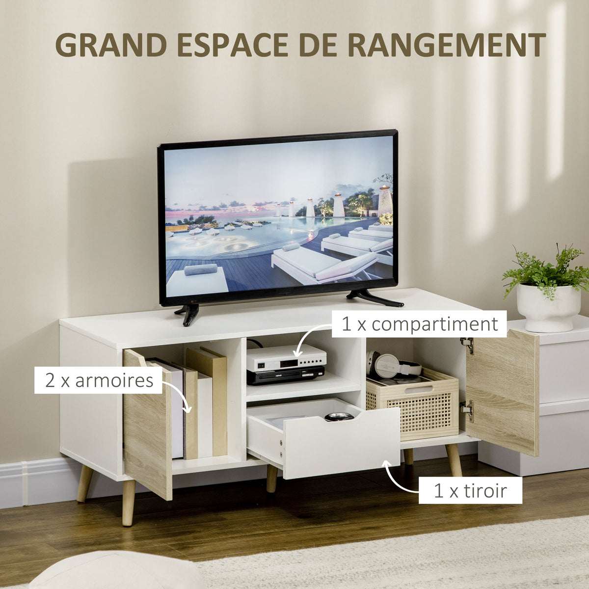 Meuble TV Banc TV Buffet bas Meuble de rangement sur pied avec 2 placards en Bois pour Chambre Salon 110 x 40 x-3
