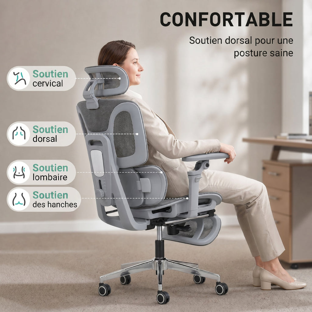 Chaise Bureau Ergonomique avec Accoudoirs 6D Appui-Tête et Profondeur d'Assise Réglables Maille Gris-3