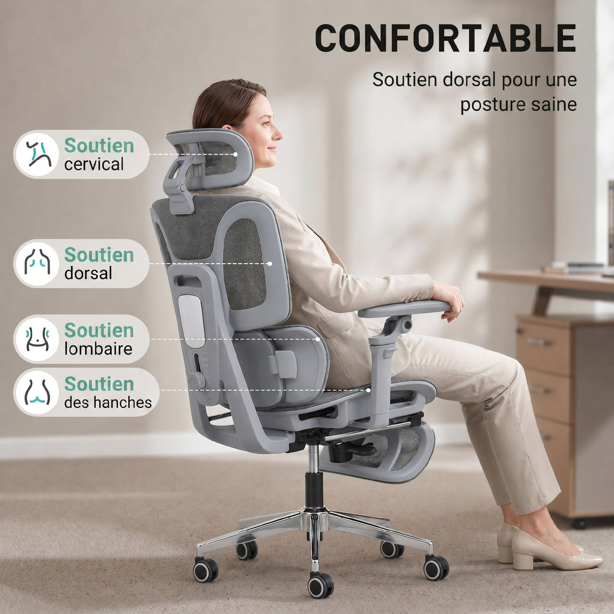 Chaise Bureau Ergonomique avec Accoudoirs 6D Appui-Tête et Profondeur d'Assise Réglables Maille Gris-3