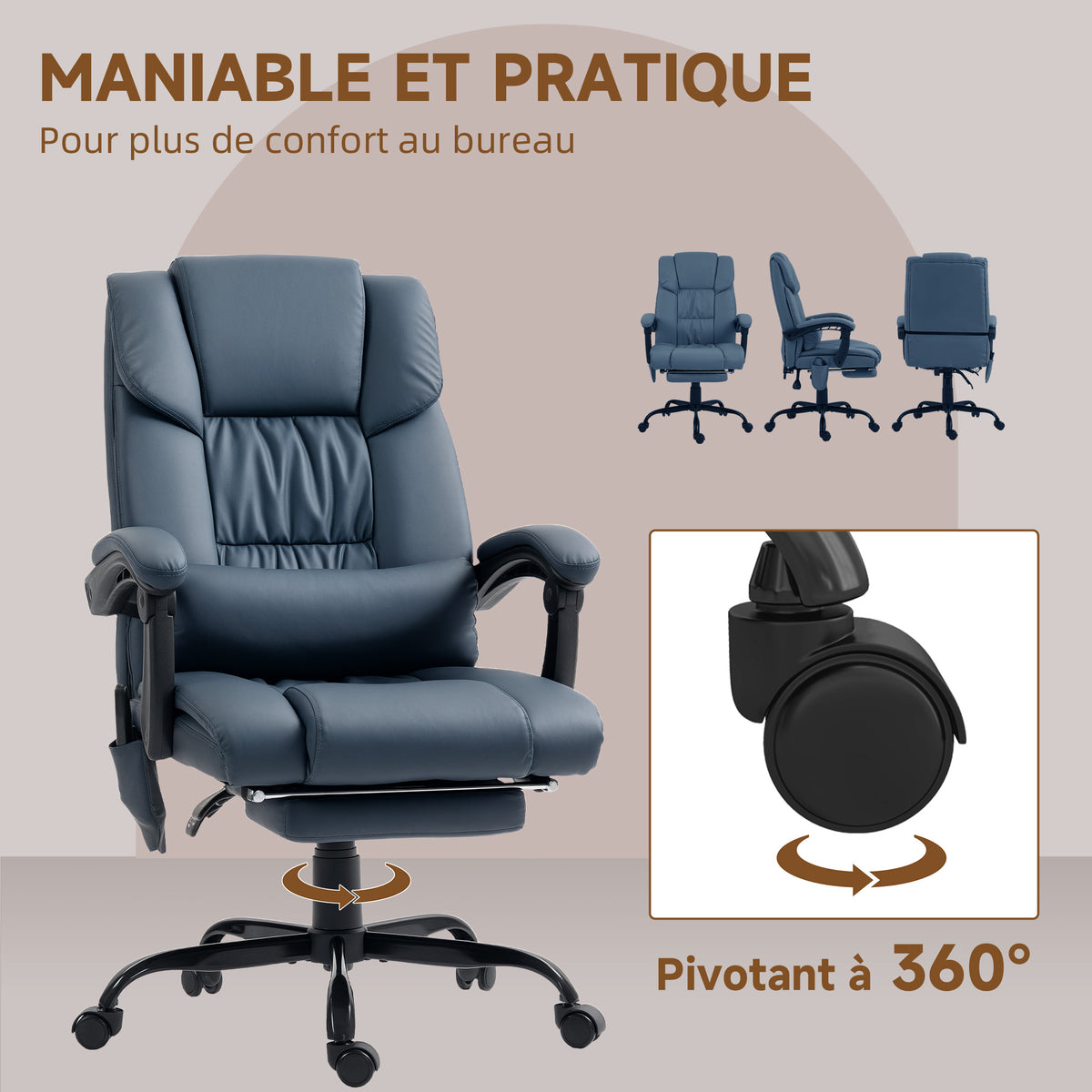 Fauteuil de bureau massant, repose-pied, hauteur réglable, dossier inclinable, télécommande filaire, 66x75x122cm, bleu-8