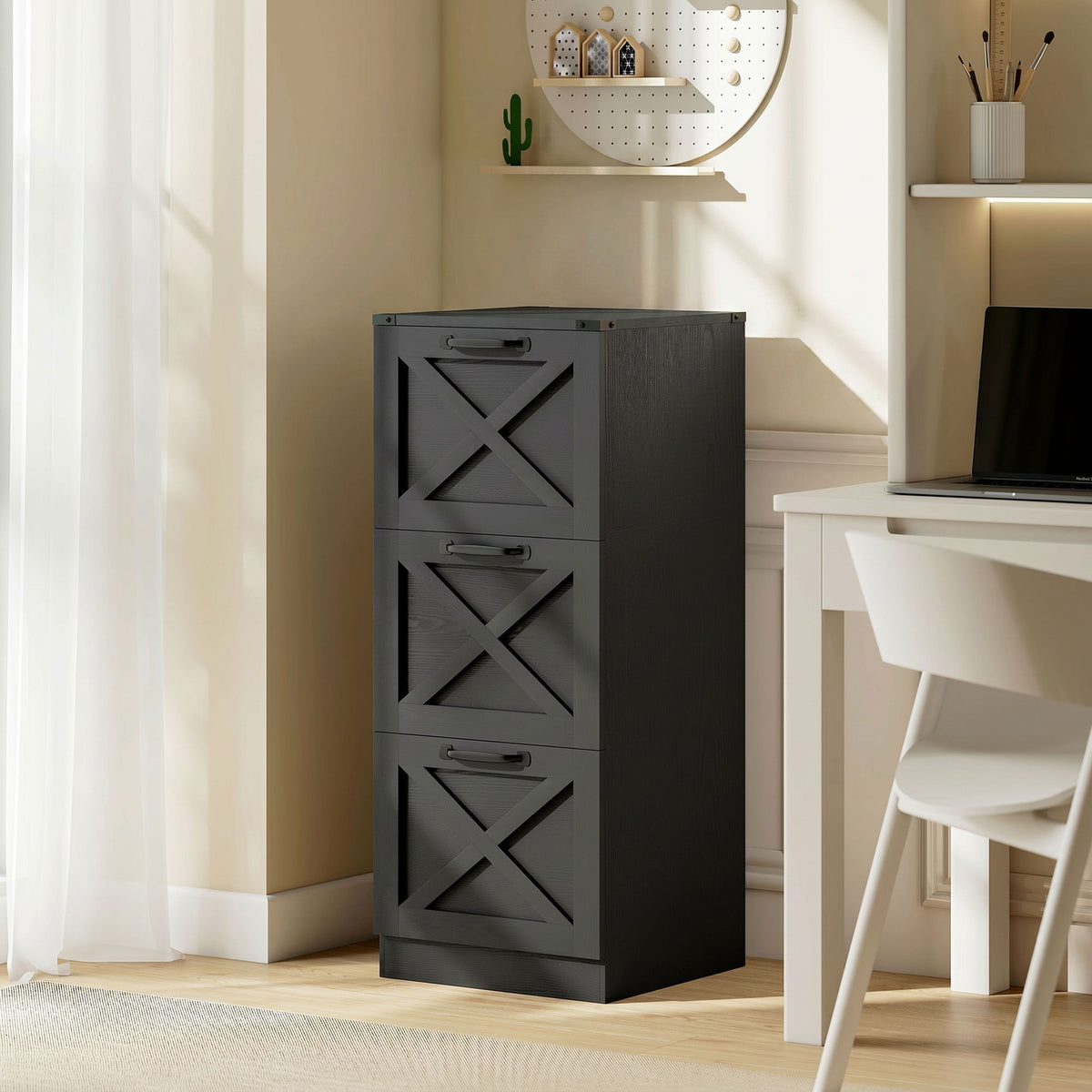 Caisson de Bureau avec 3 Tiroirs, Dossiers Suspendus pour Formats Lettre/A4, Style Rustique, 40x40x101cm, Noir-1