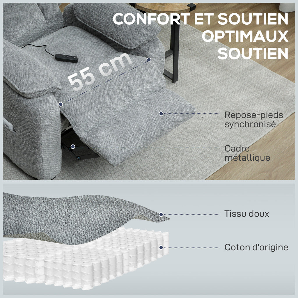 Fauteuil relax électrique fauteuil inclinable port USB repose-pieds poches latérales télécommande 86x90x103cm gris clair-4