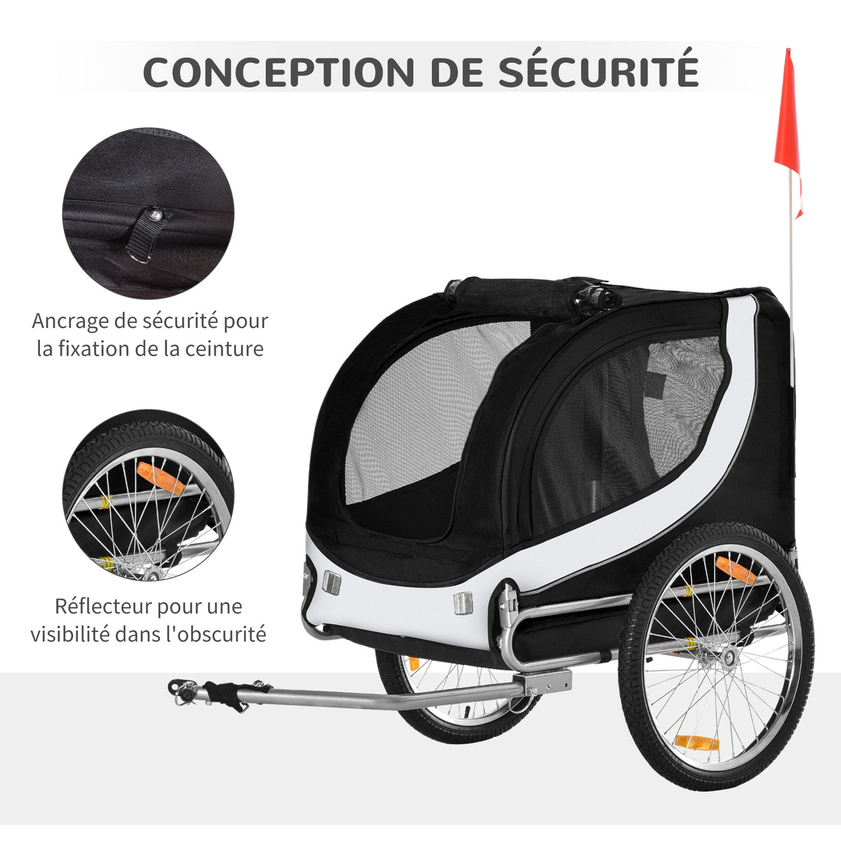 Remorque velo pour chien animaux avec drapeau et 8 reflecteurs blanc et noir-6