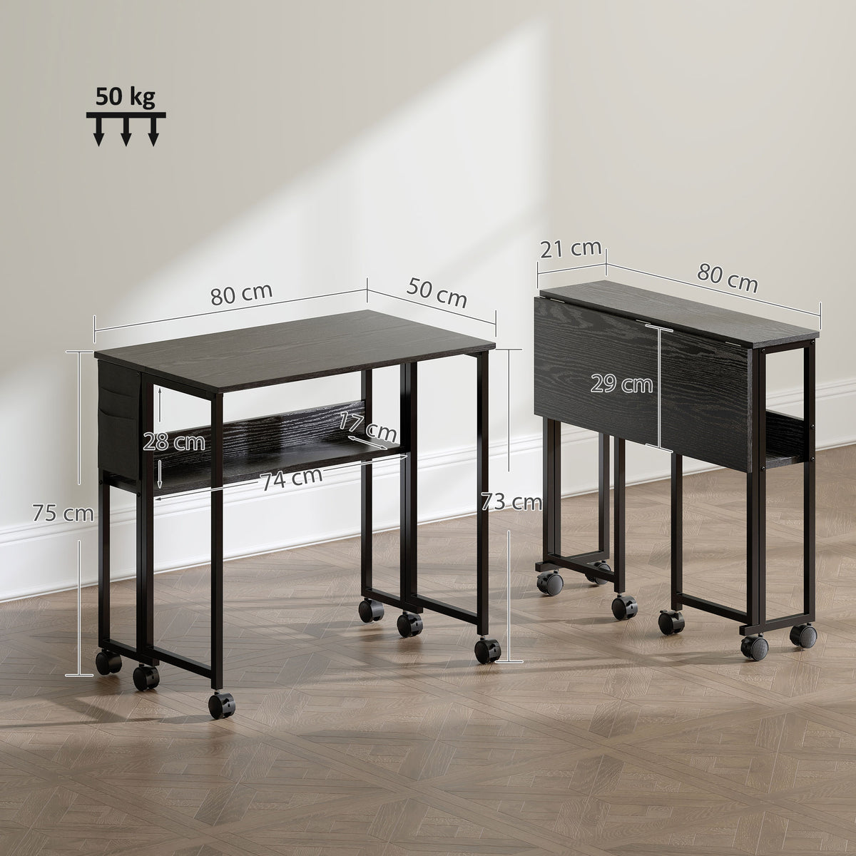 Bureau pliable sur roulettes 80 x 50 cm avec étagère et sac de rangement, noir-2