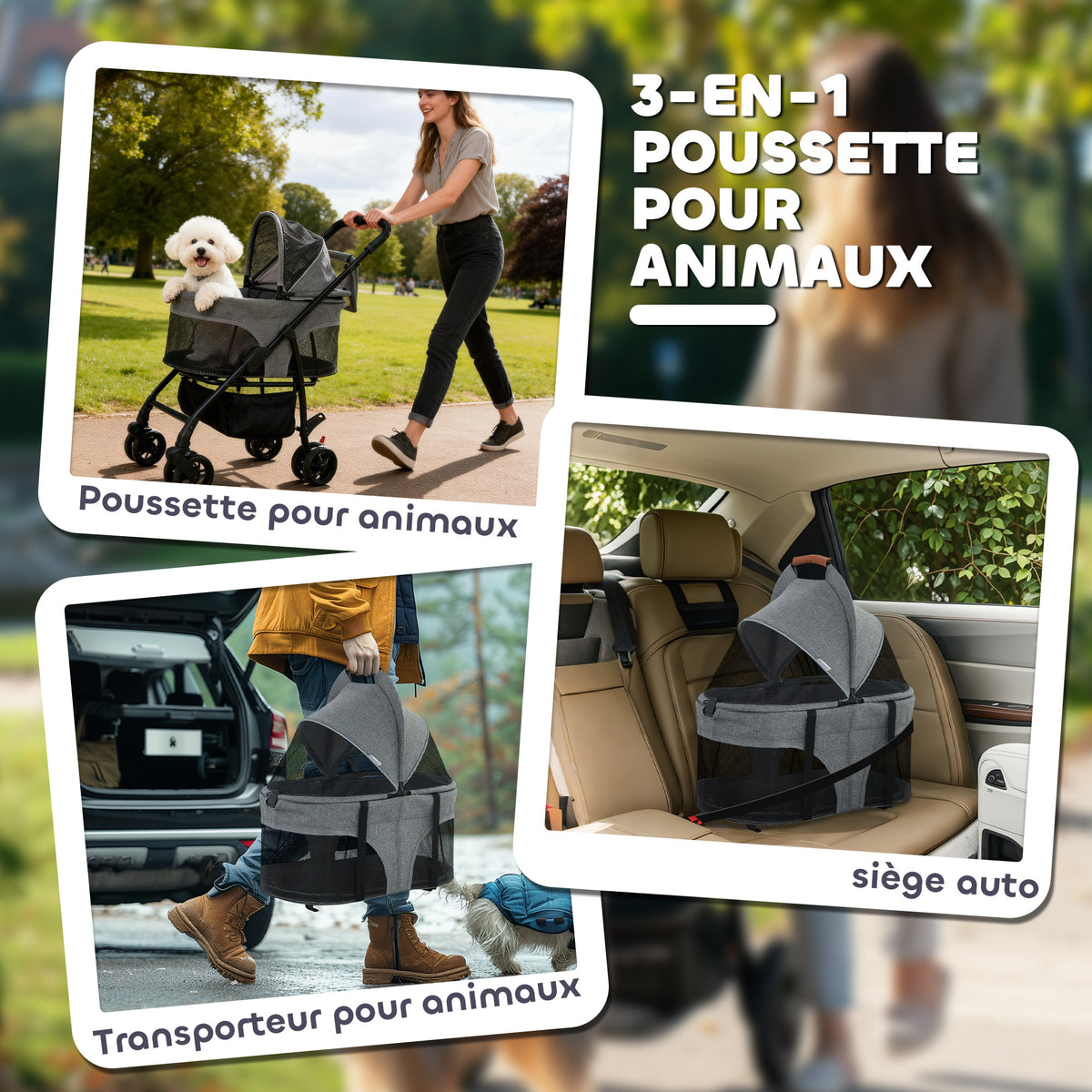 Poussette pour Chien Pousse-Chien 3 en 1 Détachable Pliable Nacelle Amovible et Sans Fermeture Éclair Suspension Gris-3