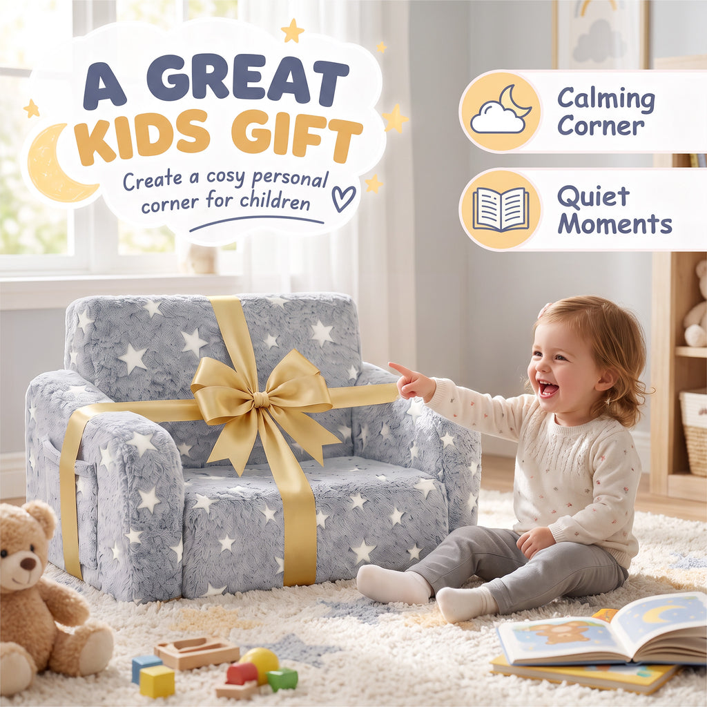 Canapé enfant 2 en 1, fauteuil pour enfant avec étoiles phosphorescentes, dépliable en méridienne, gris-8
