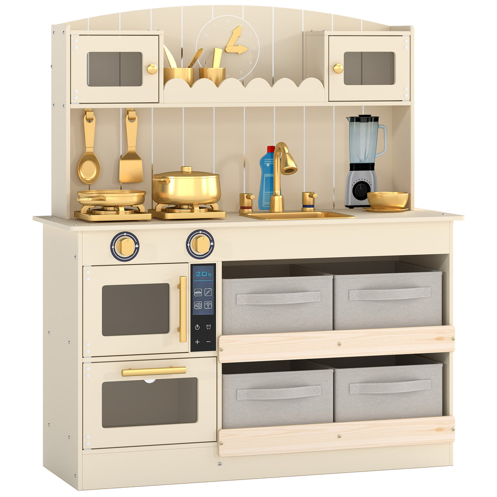 Cuisine Enfant, Cuisine en Bois Enfant Dinette, Effet Lumières et Sons, 4 Bacs en Tissu, 12 Accessoires, 3-6 Ans, Crème-0