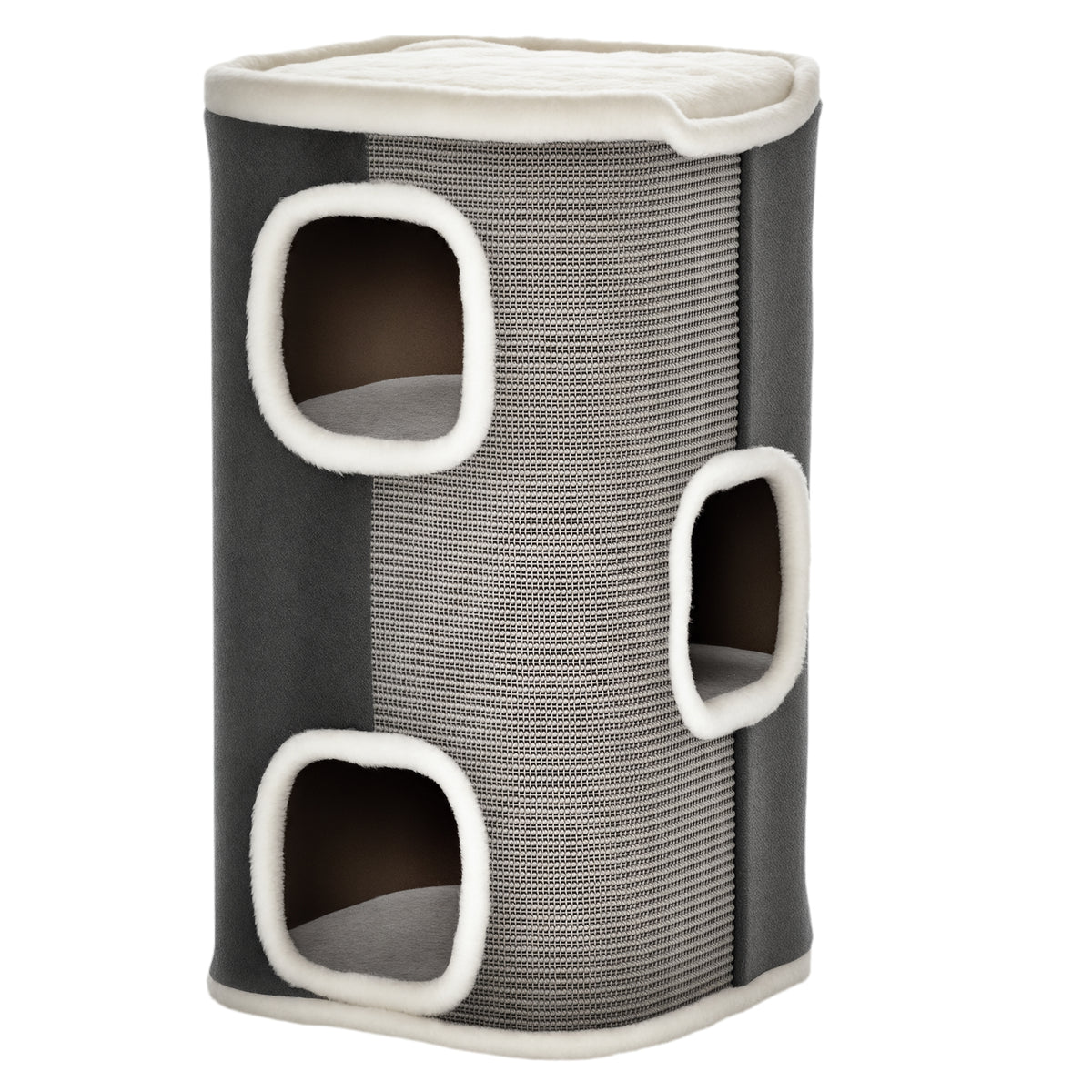 Tonneau à Gratter pour Chat 3 Niveaux en Peluche et Sisal, 3 Zones, 2 Grands Trous Interconnectés, 40x40x74cm, Gris-0
