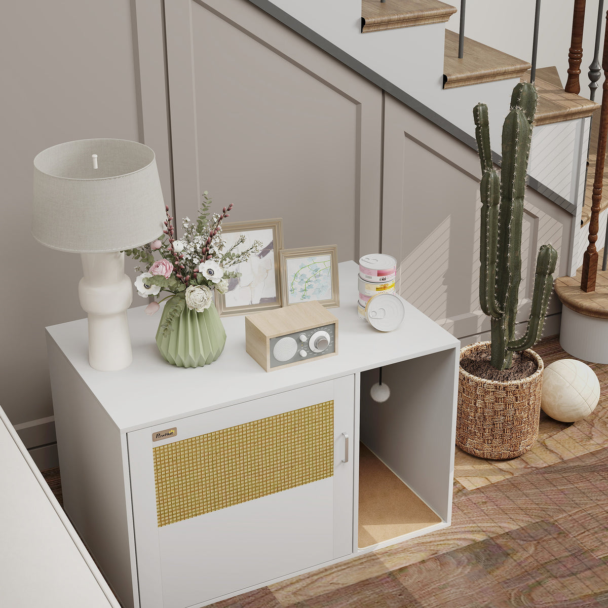 Maison de toilette chat meuble litière pour chat tapis griffoir porte avec poignées style bohème 80 x 50 x 50 cm blanc-8
