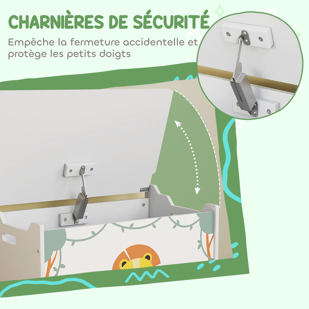 Coffre à jouets avec couvercle, coffre de rangement enfant avec charnières de sécurité, 60 x 37 x 39 cm, vert-4