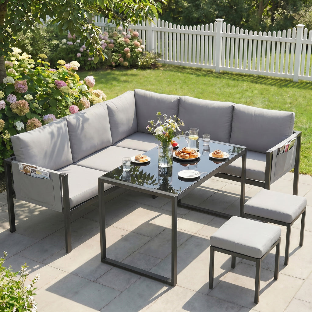 Salon de Jardin Canapé d'Angle Extérieur 6 Pièces Coussins 10cm Table Haute et 2 Repose-pieds Gris-9
