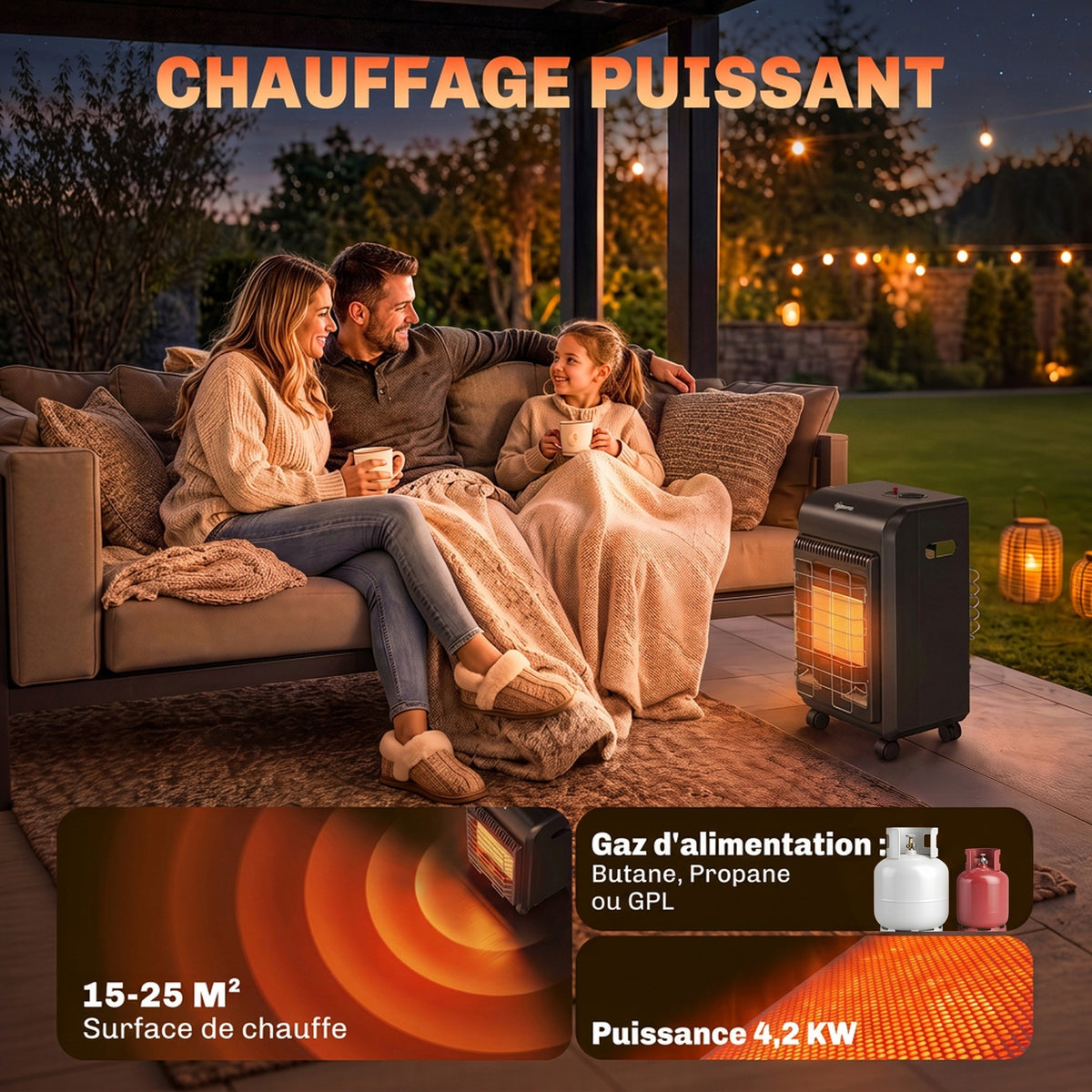 Chauffage d'Appoint Gaz Portable 4,2kW Infrarouge Compact 2 Freins Système ODS Anti-Basculement Housse 37x29x55cm Noir-3