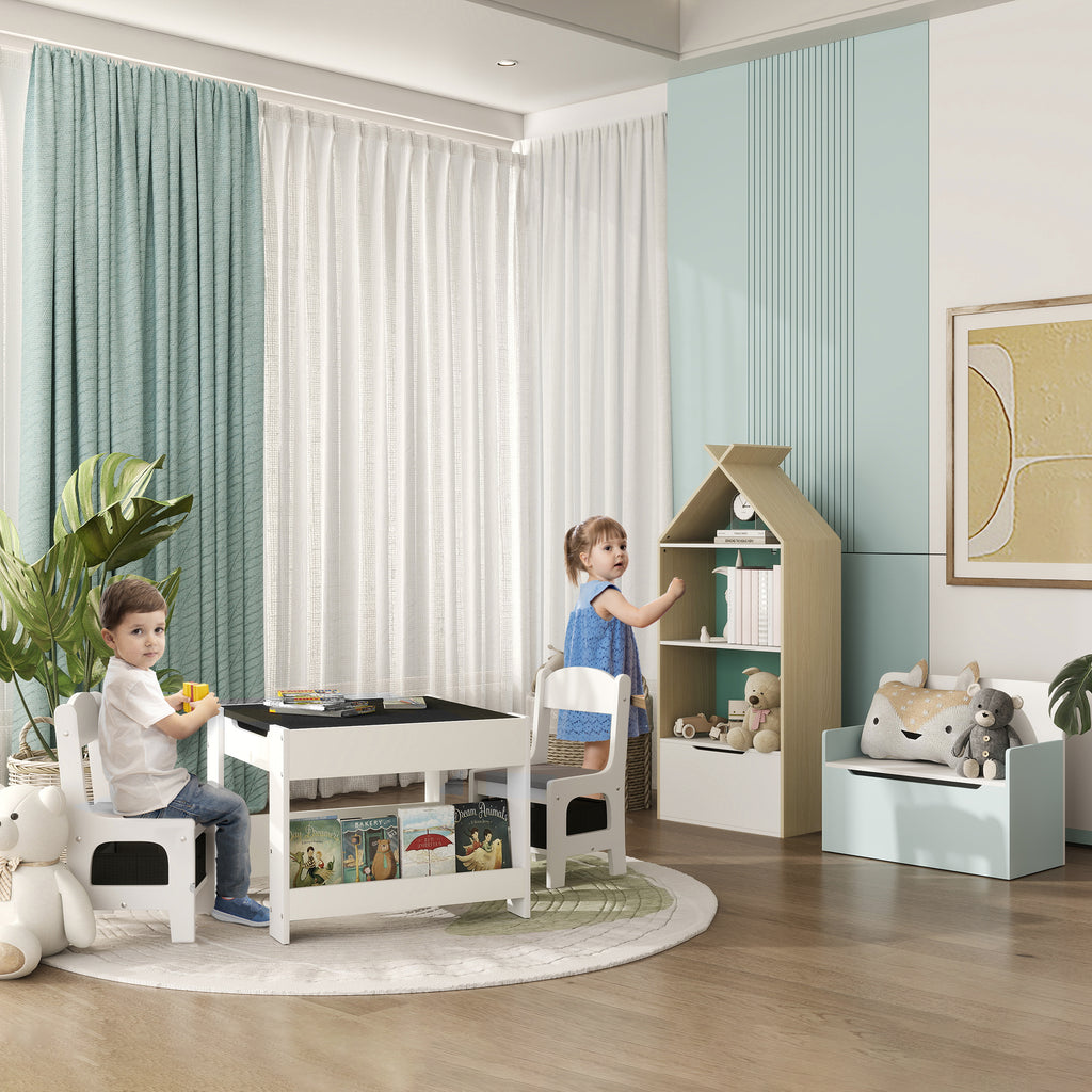Ensemble 3 pièces table et 2 chaises pour enfant avec plateau réversible tableau noir, panier de rangement, étagères-8