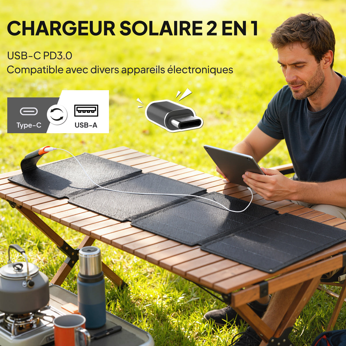 Chargeur solaire pliable 36W panneau solaire portable ports type-C et USB-a imperméable IP67 89,8 x 27,9 x 1 cm gris-3