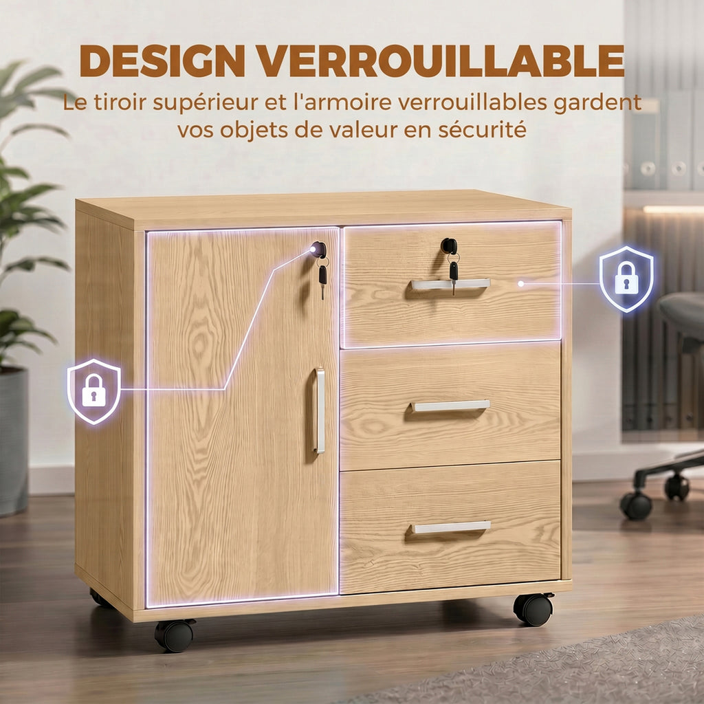 Caisson bureau meuble de rangement verrouillable avec 3 tiroirs et étagère réglable, roulettes, 40 x 60 x 56 cm, marron clair-4