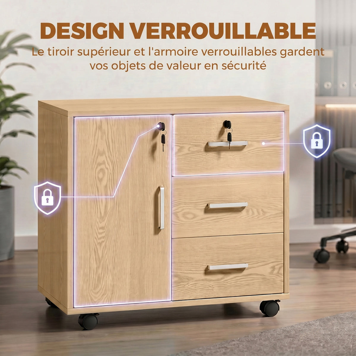 Caisson bureau meuble de rangement verrouillable avec 3 tiroirs et étagère réglable, roulettes, 40 x 60 x 56 cm, marron clair-4