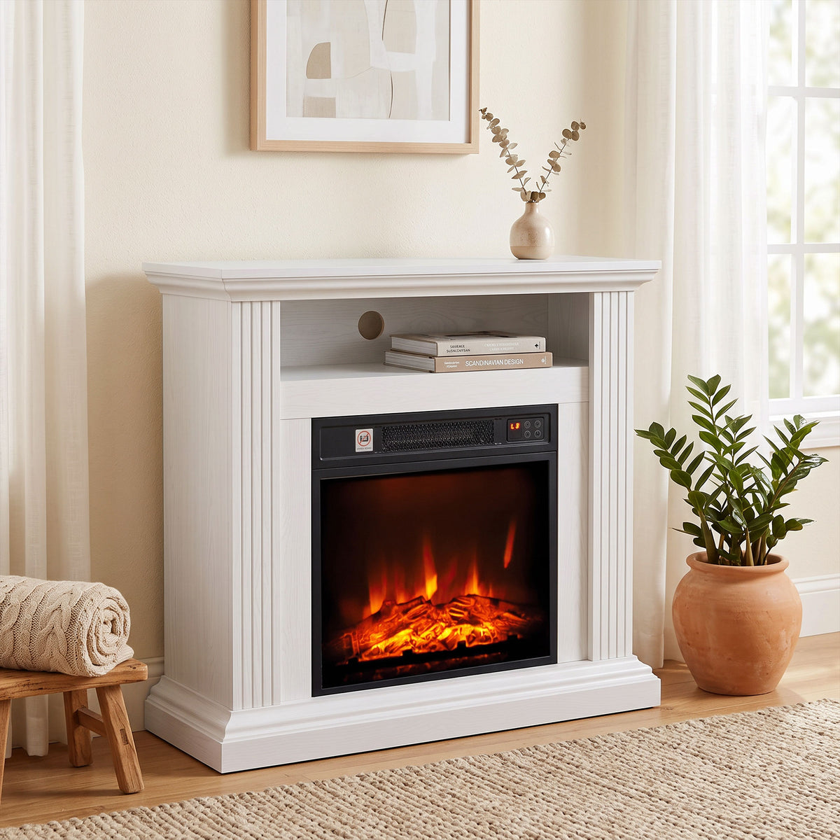 Cheminée Électrique 1800 W, Effet Flamme à 3 Niveaux de Luminosité, Fausse Cheminée avec Manteau, Effet Bois Blanc-1