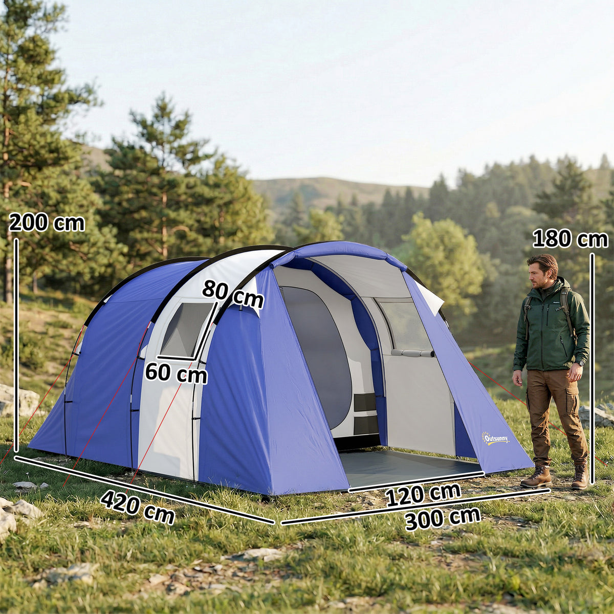 Tente de Camping pour 4 Personnes, 2 Chambres, Imperméable 3000mm, avec Tapis de Sol et Sac, 420x300x200cm, Bleu Foncé-2