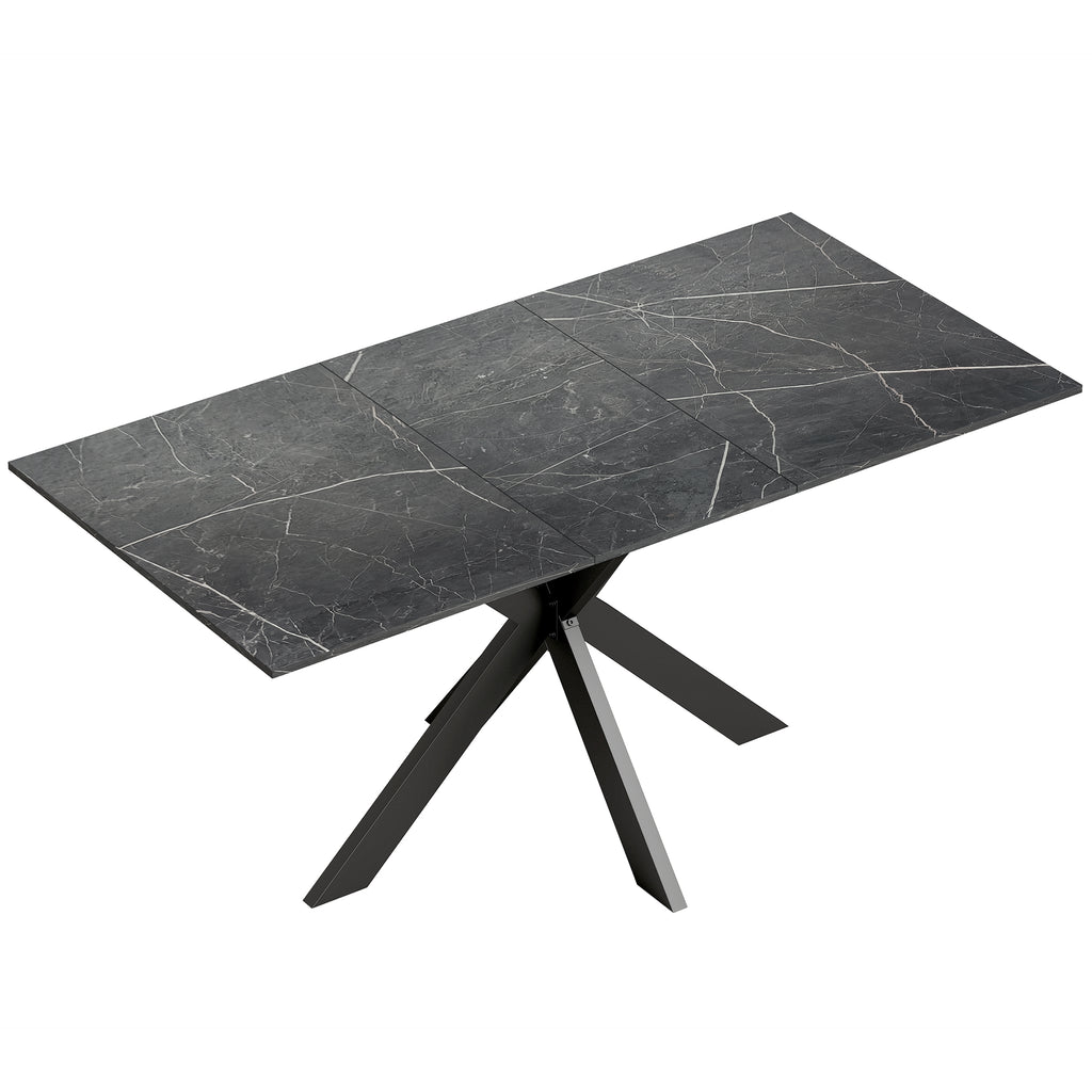Table à Manger Extensible pour 4 à 8 Personnes, 120-160 cm, Plateau Effet Marbre, Pieds Croisés en Acier, Noir-0