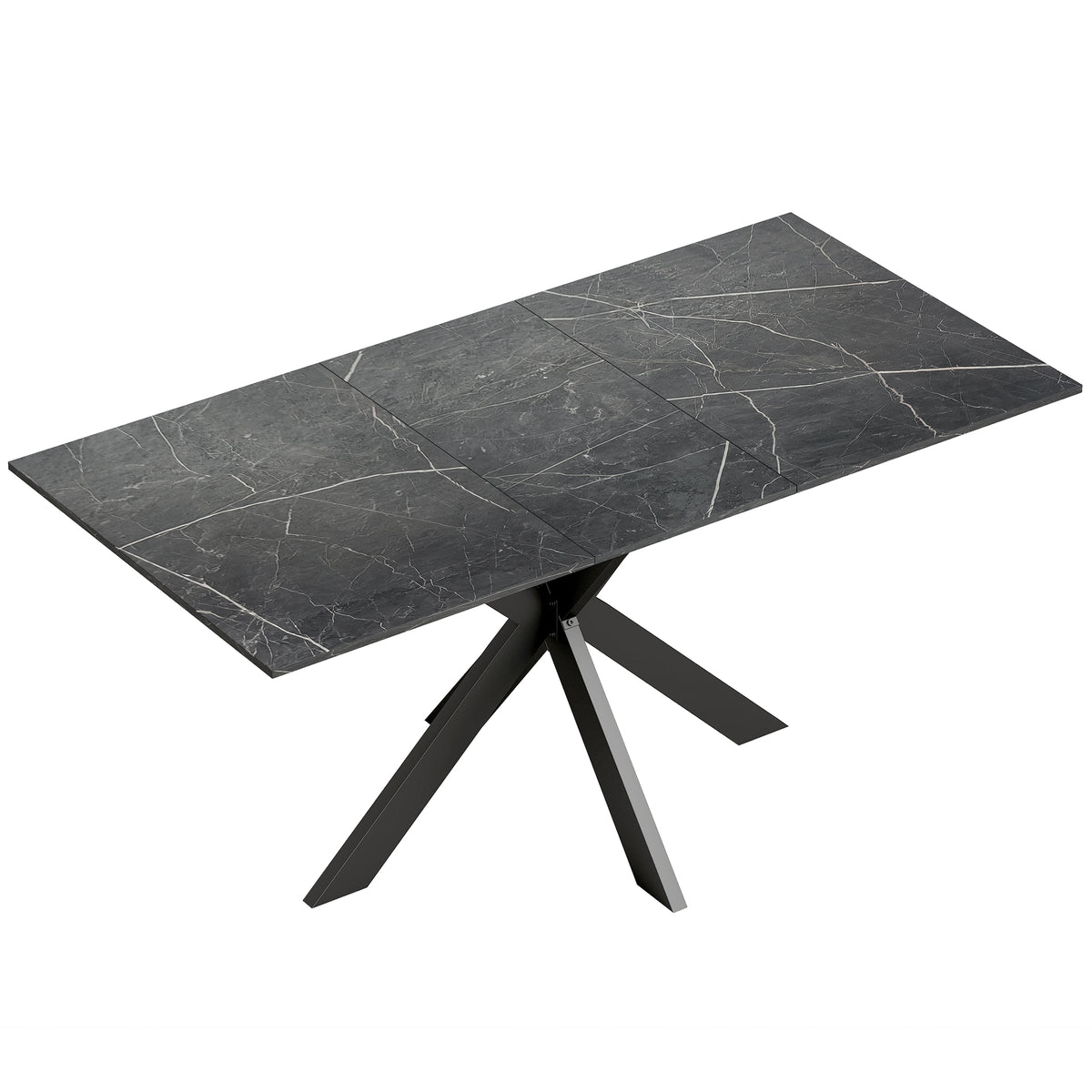 Table à Manger Extensible pour 4 à 8 Personnes, 120-160 cm, Plateau Effet Marbre, Pieds Croisés en Acier, Noir-0