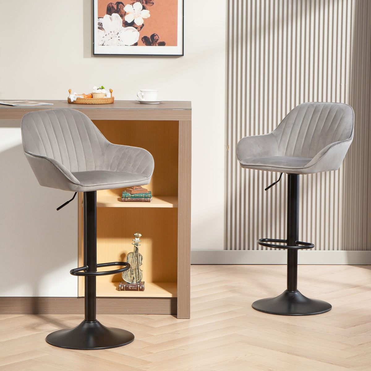 Lot de 2 tabourets de bar, chaises de bar en velours avec dossier, repose-pieds, hauteur réglable et pivotante gris-1