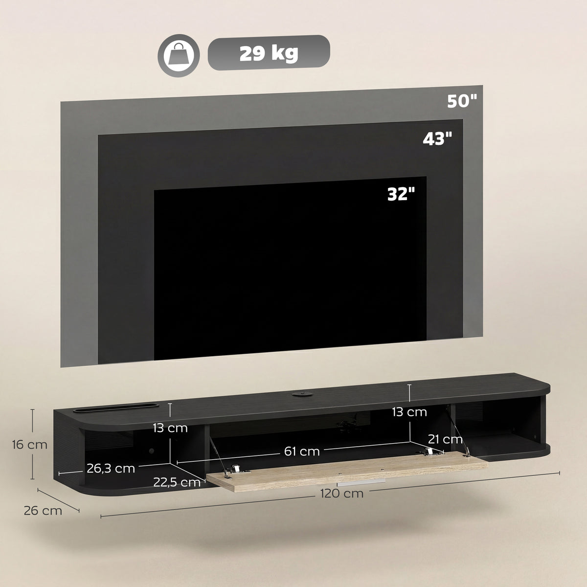 Meuble TV Suspendu 120 cm, Meuble télé jusqu'à 50 Pouces, Porte Rabattable, 2 Étagères Ouvertes et Passe-câbles, Noir-2