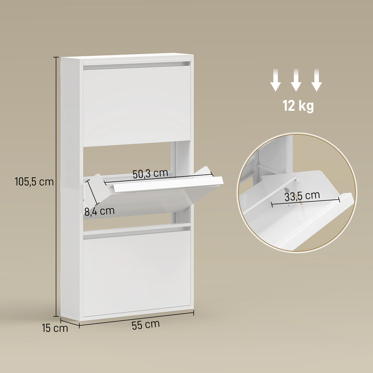 Meuble à Chaussures en Métal 6 Paires, Armoire à Chaussures Étroite avec 3 Tiroirs Rabattables, 55x15x105,5cm, Blanc-2
