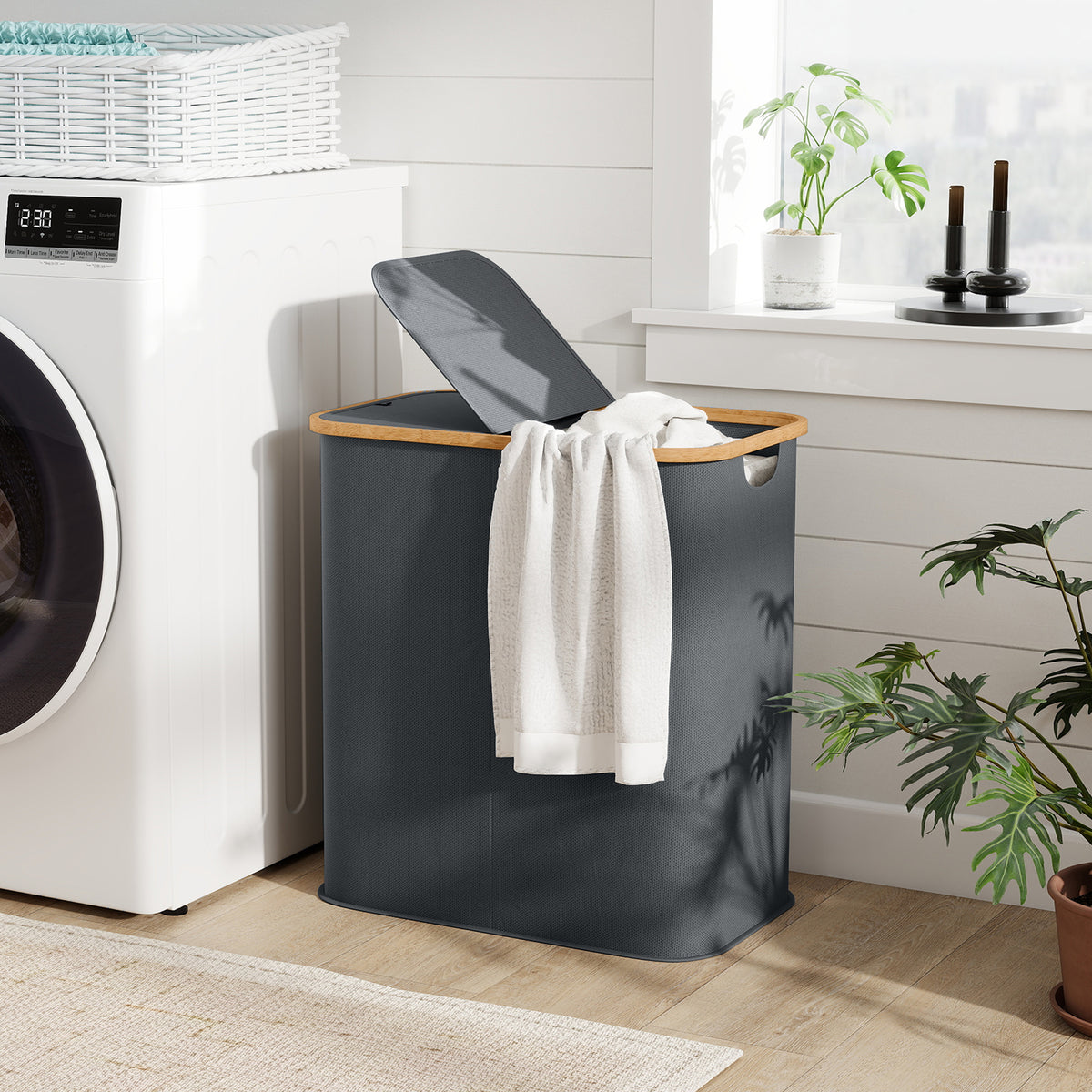 Panier à linge double pliable 80 L corbeille à linge sale avec couvercle, poignées rainurées, gris-6